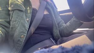 European Stepmom Artemisia Love Hot solo Car Ride Flashing her Big Tits for the camera Slow mo