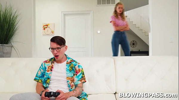 Busty milf giving lazy husband blowjob