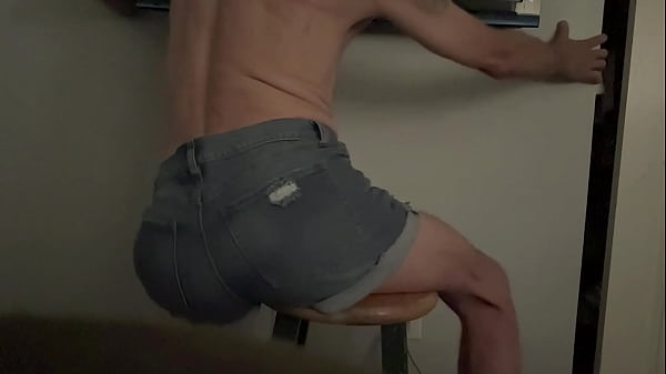Short version in wife’s denim shorts grinding butt groin and bulge on stool