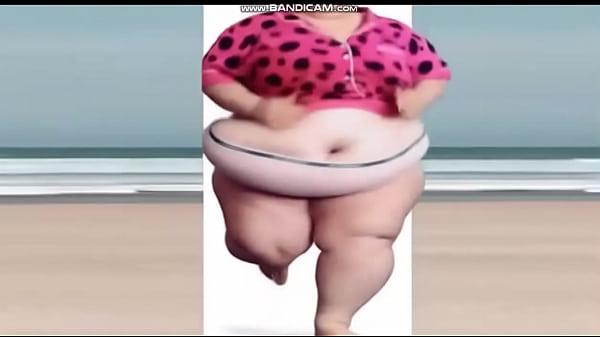 Fatty White SSBBW with juicy loose tummy flab jogs, does sit-ups and star jumps on beach (Solo, AI-Generated, A091609)