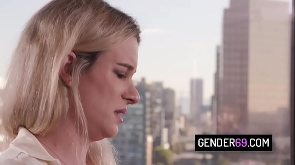 Blonde shemale boss Nikki Vicious bends over for a deep anal fuck