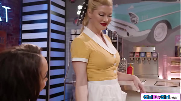 Busty milf waitress licks ebony customers pussy in her diner