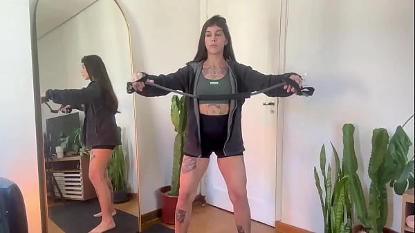 inked girl rubber band workout warm up strength SFW yoga fitness