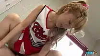 A fair-haired Asian cheerleader is discovered engaging in self-stimulation inside the locker room and subsequently receives an internal ejaculation