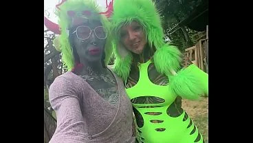 Adorable Inked Girl in Cute Outfit Rides on Massive Dildo