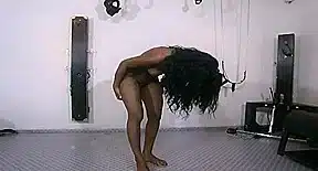 Black Girl in Fetish Dress Plays with Slave Latex Wrapped