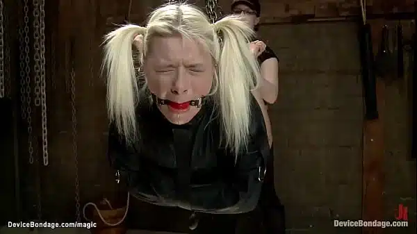 Blond bound and suspended in hogtie