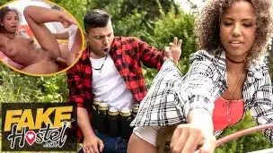 Fake Hostel – Creampie for hot ebony college babe on camping trip with lucky young average cock guy