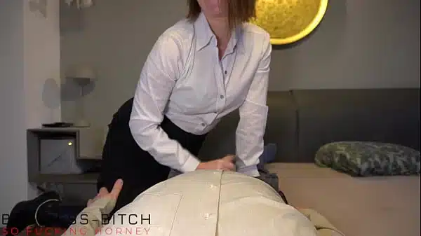 femdom secretary in leather overknees riding the boss to get a creampie – business-bitch