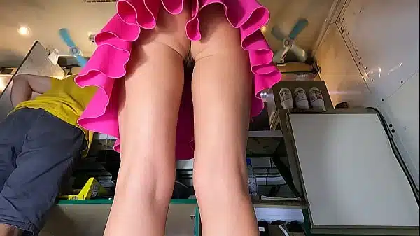 I love the way this sexy girl waves her skirt on a hot day to cool down her perfect ass and shaved pussy