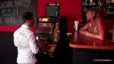 Inside the bar the thirsty milf receives a pussy cumshot after having anal sex