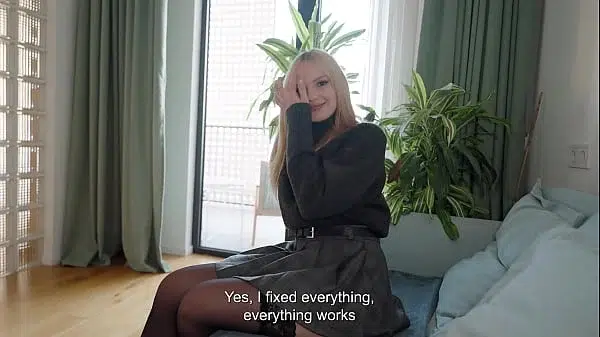 Sexy blonde cheats on her husband who’s in the bathroom with a TV handyman