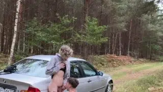 Twink gives a blowjob step bro 24cm big cock outdoor by car
