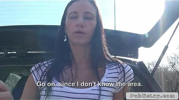 Delivery pizza girl bangs in public outdoors