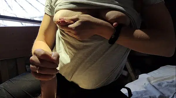 Sexy milf with milky tits made petting and masturbating my cock until cumshot. Risky at my friend’s garage