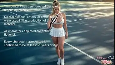 A 18-year-old tennis player collects payment for a private lesson by jiggling her breasts and deep-throating a big cock [AI]