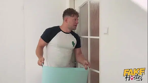 Fake Hostel – Asian Russian babe with beautiful fit body gets STUCK inside a washing machine and takes cumshot in her mouth