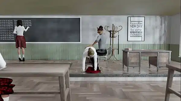 Animation: female student spanked before audience
