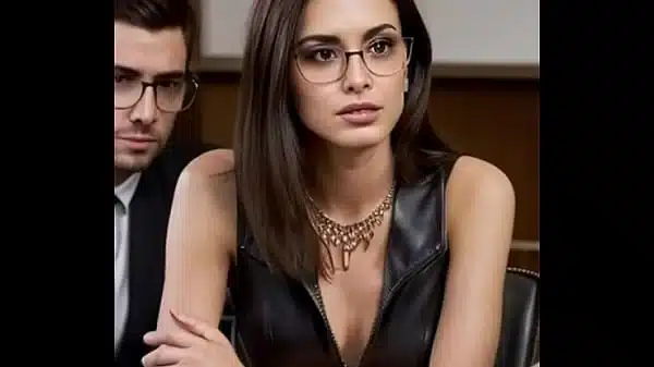 Beautiful bossy brunette in leather skirt blows guy in office storage room – AI Illustrated Leather Porn Dream