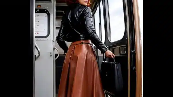 Busty mature redhead in full leather doing pole dance in a bus – AI Illustrated leather porn dream