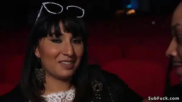 Hot brunette actress Nenetl Avril visits abandoned theater where black dude with his friends fucks her throat and pussy
