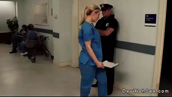 Sexy blonde nurse in uniform Tara Lynn Foxx seduces cop on a duty in the hospital and takes him in office where sucks his big cock deep throat