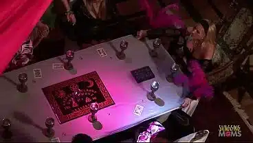 Their satanic ritual seems to have worked, but what the summoned blonde milf does, they did not expect. With a snap of her fingers, they are all nude, and many schlongs have arrived for anal shagging.