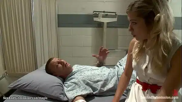 arrested patient Mr Pete turns the table and ties wrists to blonde nurse Lia Lor and whips her ass then rough fucks her in bed in the hospital
