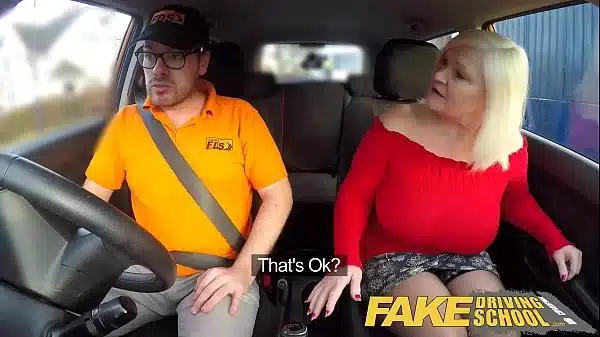 Fake Driving School – Blonde Granny GILF with big jugs gets her freak on with a young dude
