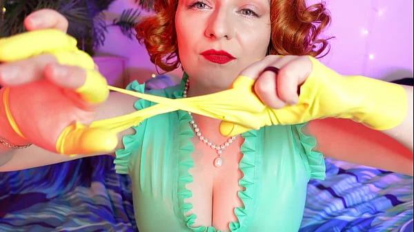 fetish of shiny yellow… damaged gloves