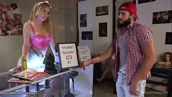 Hot blonde porn shop owner Mona Wales caught trucker Nathan Bronson masturbate during porn movie in her theater and she tied him and fucked