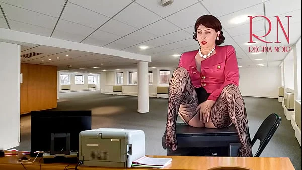 Naked bitch shows striptease in the office with open legs wide. Fuck that employee!
