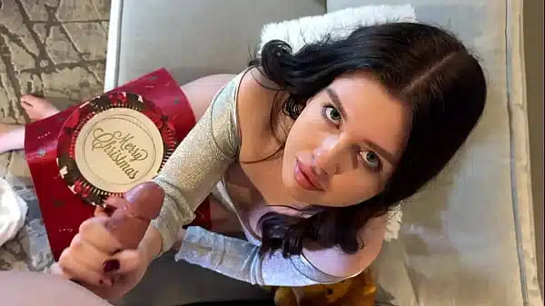 Horny Petite Girlfriend cheats on Boyfriend on Christmas for New Year as she gets a big cock for herself to masturbate with and gets its cum on a XMas Plate