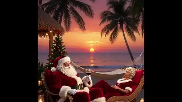 Papai Noel e mamãe Noel muito sexy na praia se deliciando com cocô