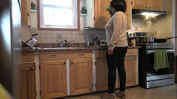 PERVERTED FAMILY: kinky stepmom has risky kitchen sex while husband is upstairs
