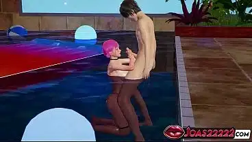 Pink Hair Pool Babe Manami Gives Slippery Handjob In Water Then Deep Blowjob And Oily Titjob Until Massive Cumshot Covers Her Boobs 3D Animation
