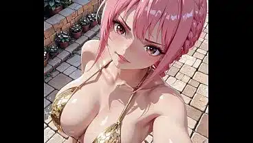 Pink Haired Anime Cowgirl in Castle Courtyard