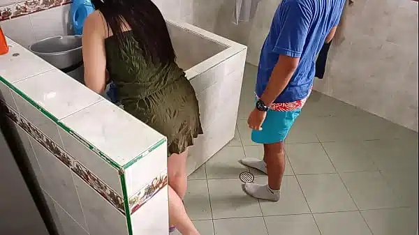 She’s Fucked While She’s Washing Clothes: Since her husband doesn’t take good care of her, I pull down her underwear and put my big cock in her until I cum inside her